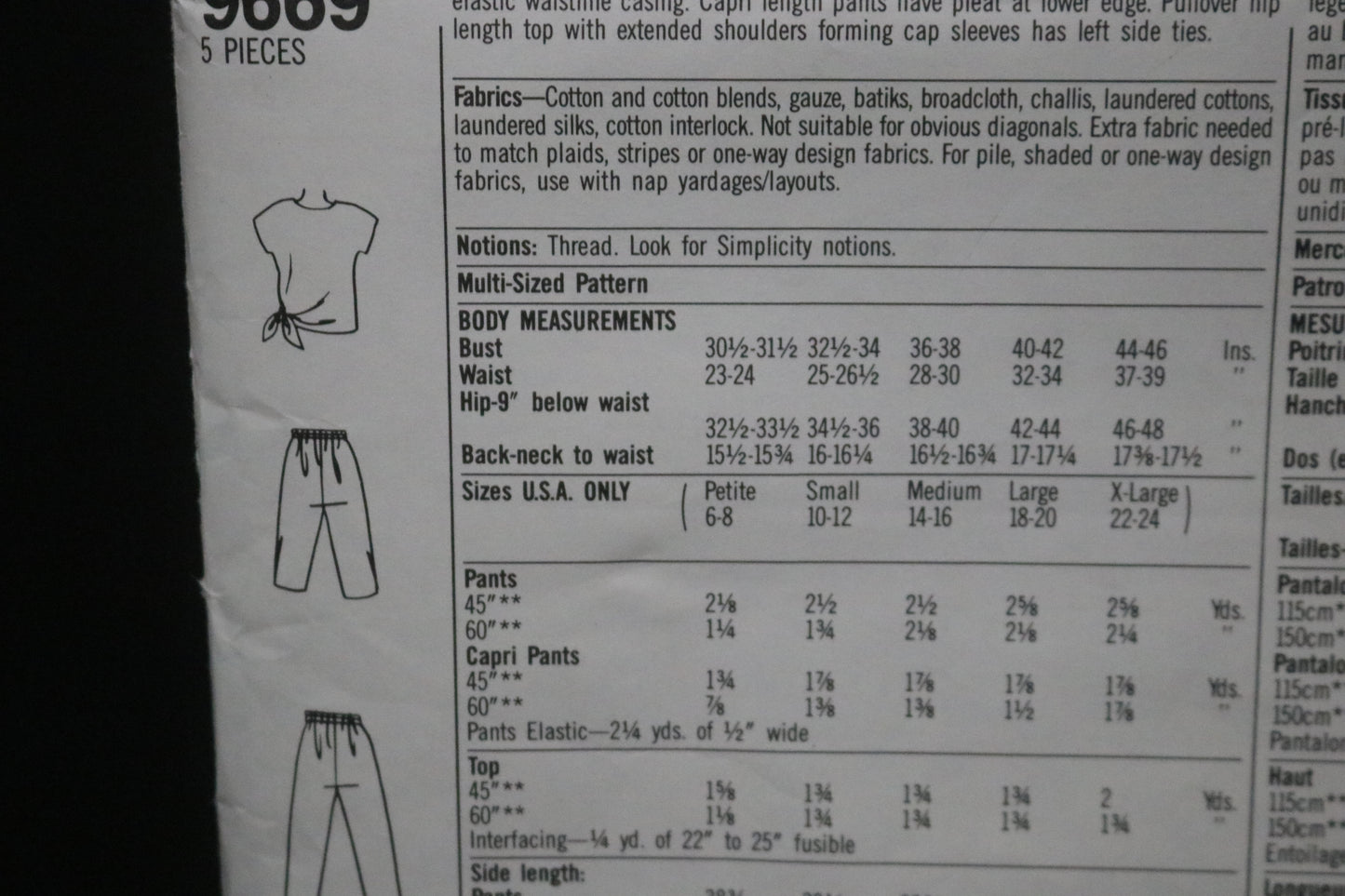 Simplicity 9669 Misses Pants in Two Lengths and Top Sewing Pattern UNCUT Size Petite - XL