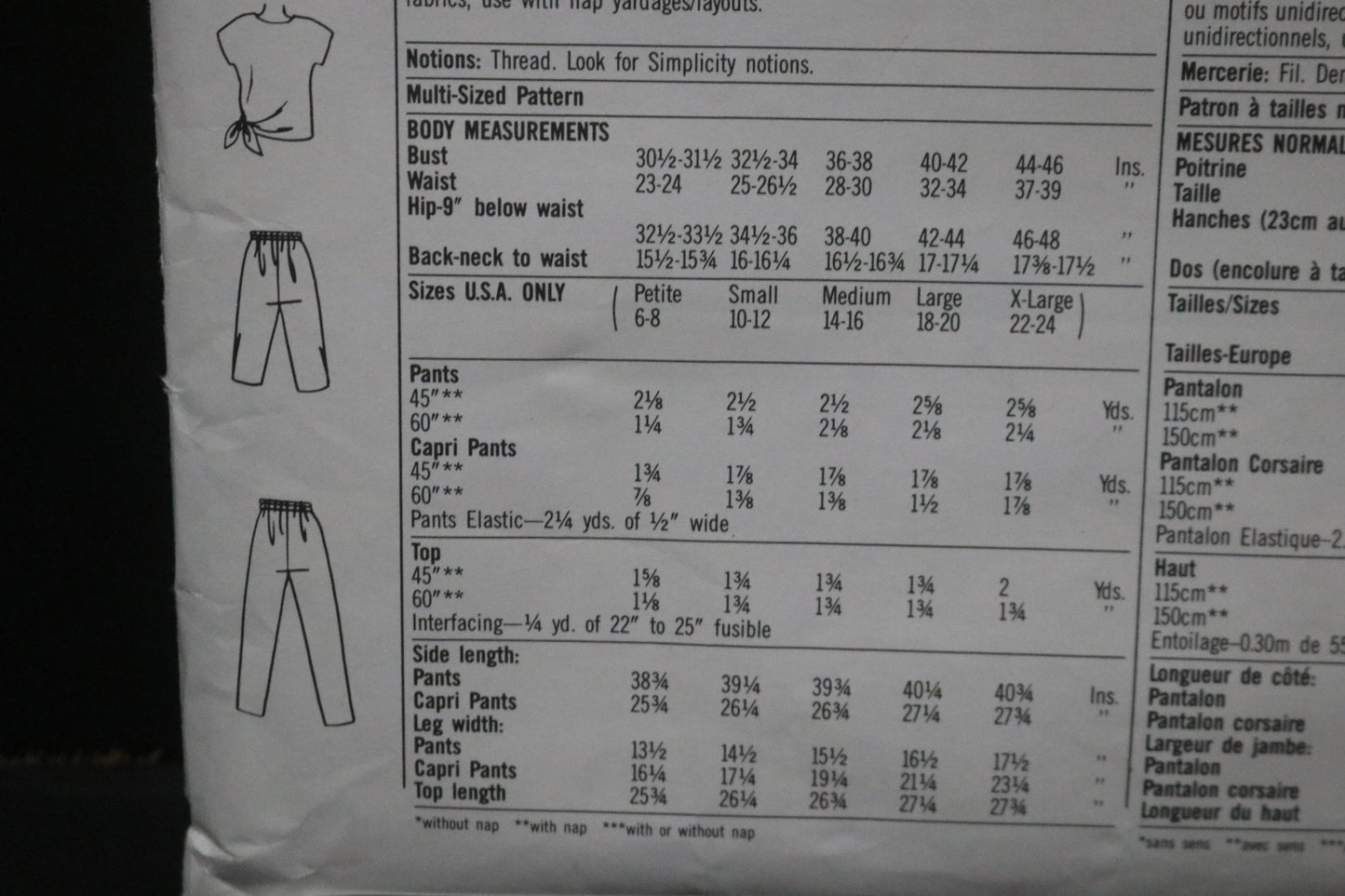 Simplicity 9669 Misses Pants in Two Lengths and Top Sewing Pattern UNCUT Size Petite - XL