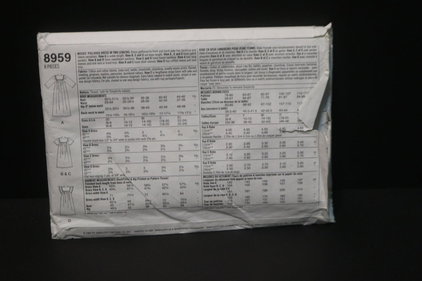 Simplicity 8959 Misses Pullover Dress in Two Lengths Sewing Pattern UNCUT Size L - XL