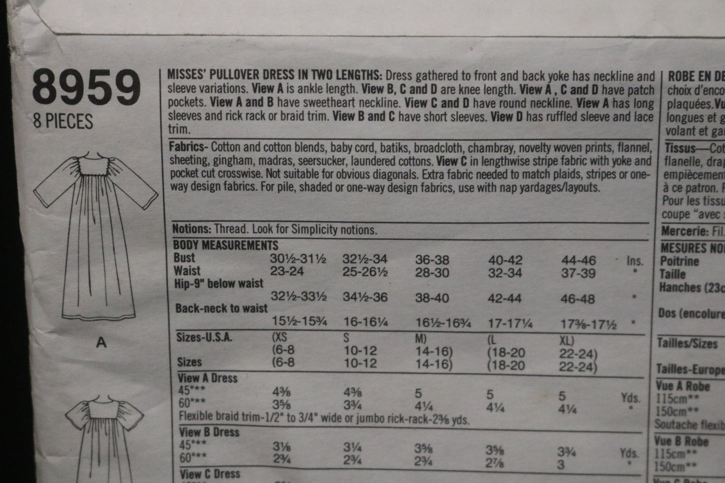 Simplicity 8959 Misses Pullover Dress in Two Lengths Sewing Pattern UNCUT Size L - XL