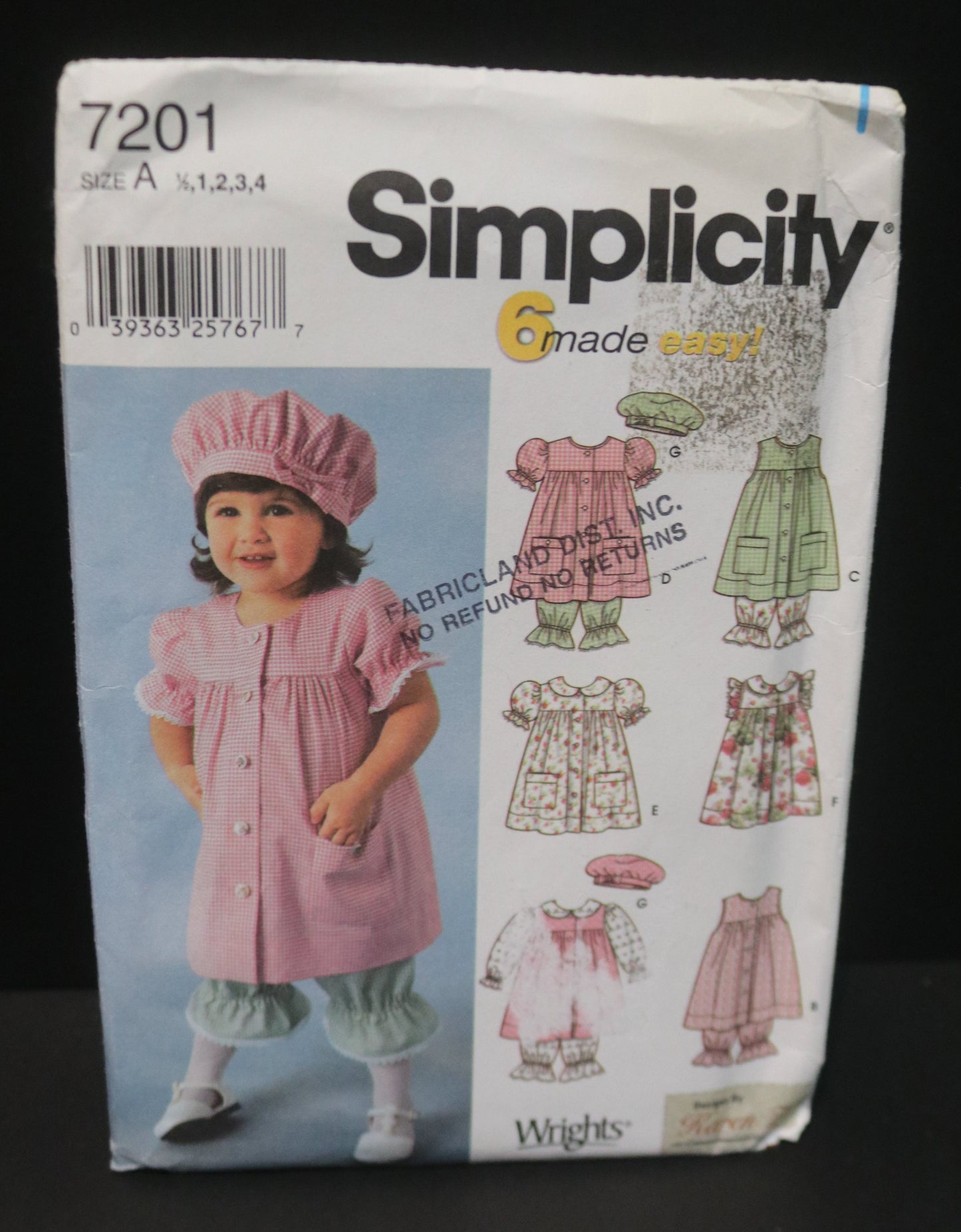 Simplicity 7201 Toddlers Dress, Panties and Hat...Hat in three sizes S (19'), M (20"), L(21") Sewing Pattern - UNCUT - Size 1/2 1 2 3 4