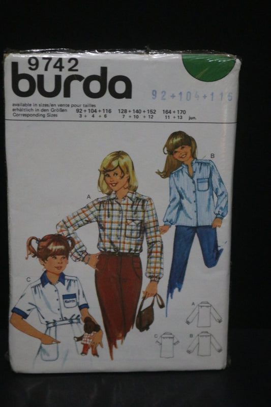 Burda 9742 Girls Blouse Sewing Pattern - UNCUT Size  3 4 6