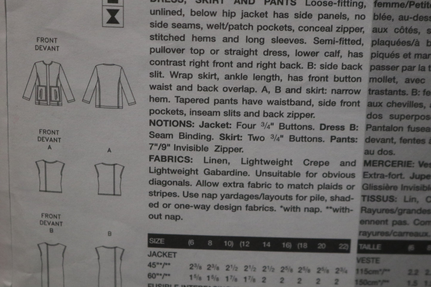 Vogue 2725 TAMOTSU Misses / Misses Petite jacket Top Dress Skirt and Pants Sewing Pattern - UNCUT - Size 12 14 16