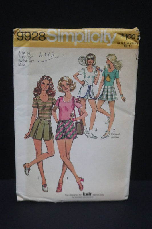 70s Simplicity 9928 Misses Set of Short Pantskirts and Pullover Top... Top Designed for knit Fabrics Only...(shirt pantskirt approx. 15") Sewing Pattern - UNCUT - Size 14