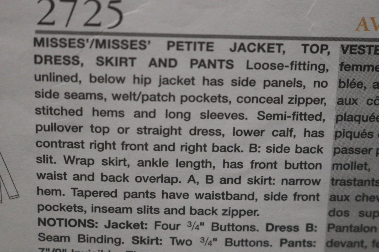Vogue 2725 TAMOTSU Misses / Misses Petite jacket Top Dress Skirt and Pants Sewing Pattern - UNCUT - Size 12 14 16