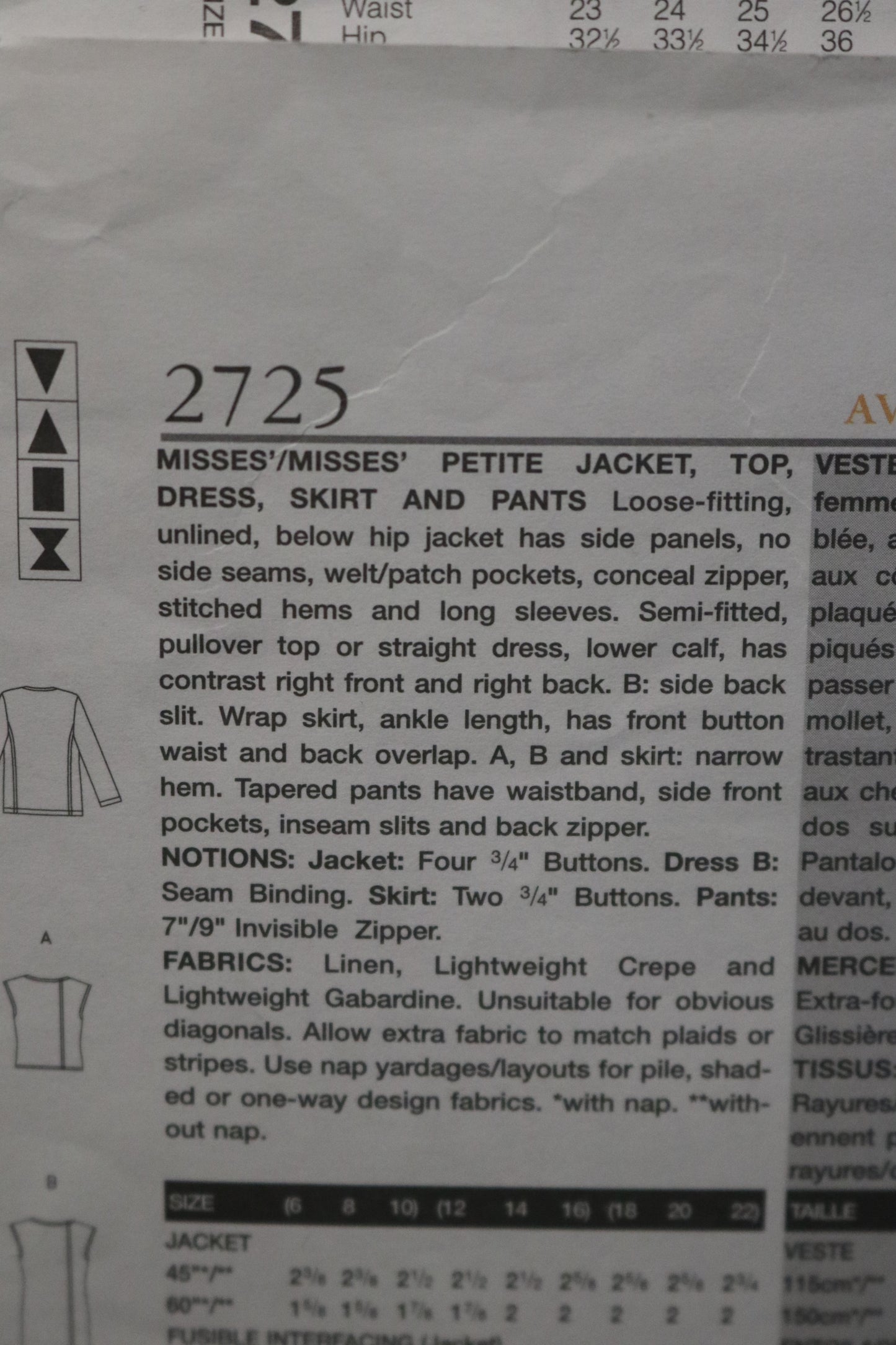 Vogue 2725 TAMOTSU Misses / Misses Petite jacket Top Dress Skirt and Pants Sewing Pattern - UNCUT - Size 12 14 16