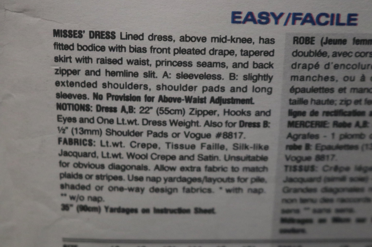 Vogue 2795 Nipon Boutique Misses Dress Sewing Pattern - UNCUT - 8 10 12