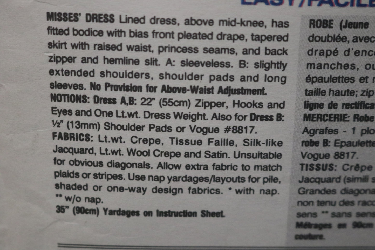 Vogue 2795 Nipon Boutique Misses Dress Sewing Pattern - UNCUT - 8 10 12