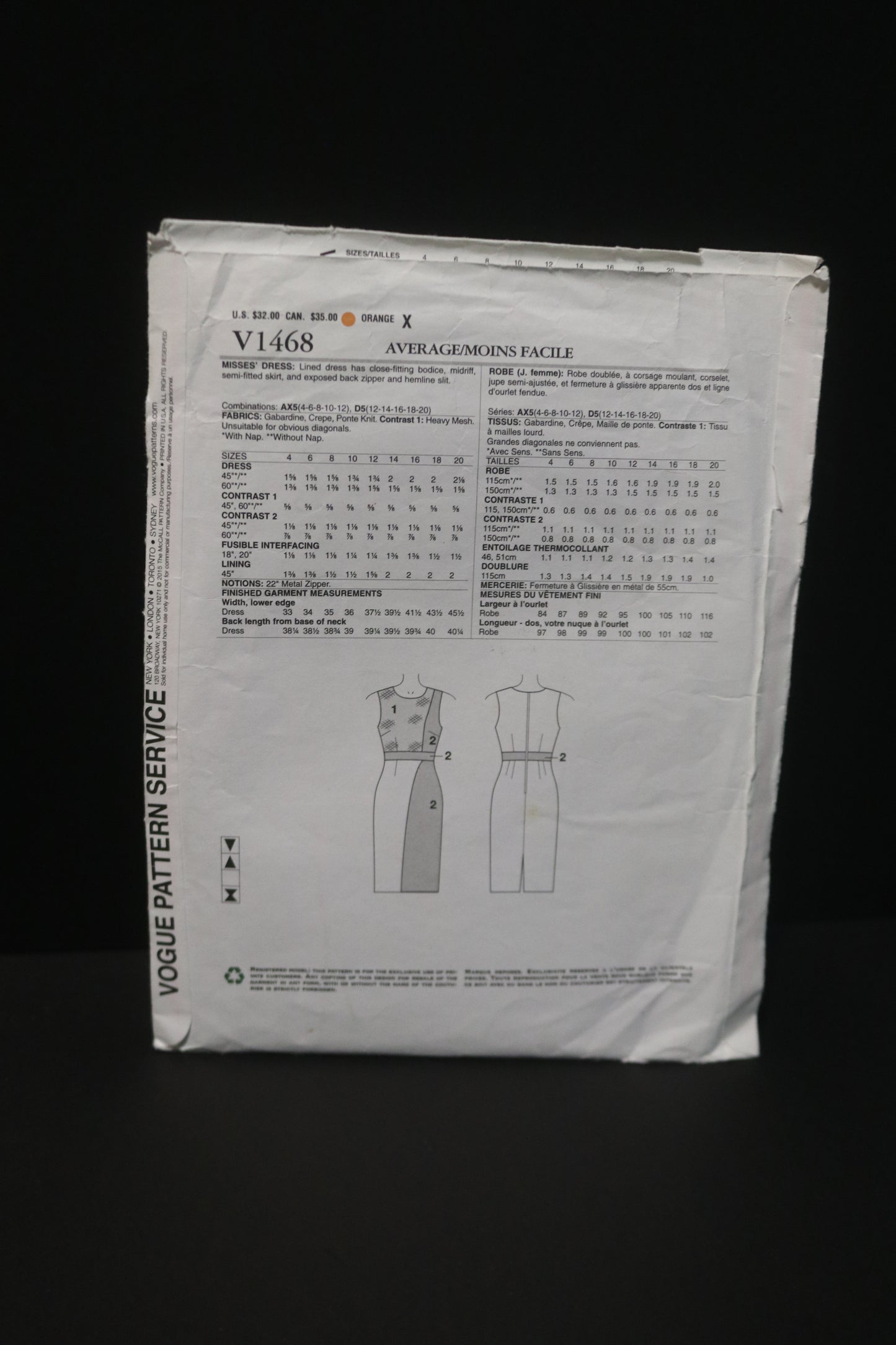 Vogue 1468 Nicola Finetti Misses Dress Sewing Pattern - UNCUT - Size 4 6 8 10 12 or Size 12 14 16 18 20