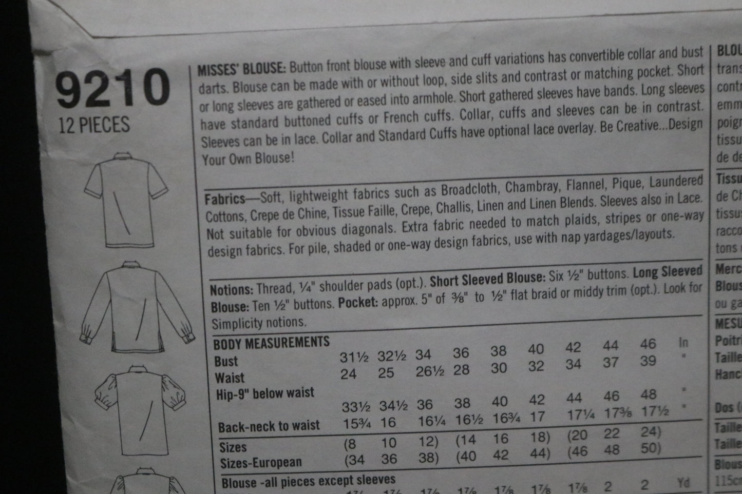 Simplicity 9210 Misses Blouse Sewing Pattern UNCUT - Size 14 16 18