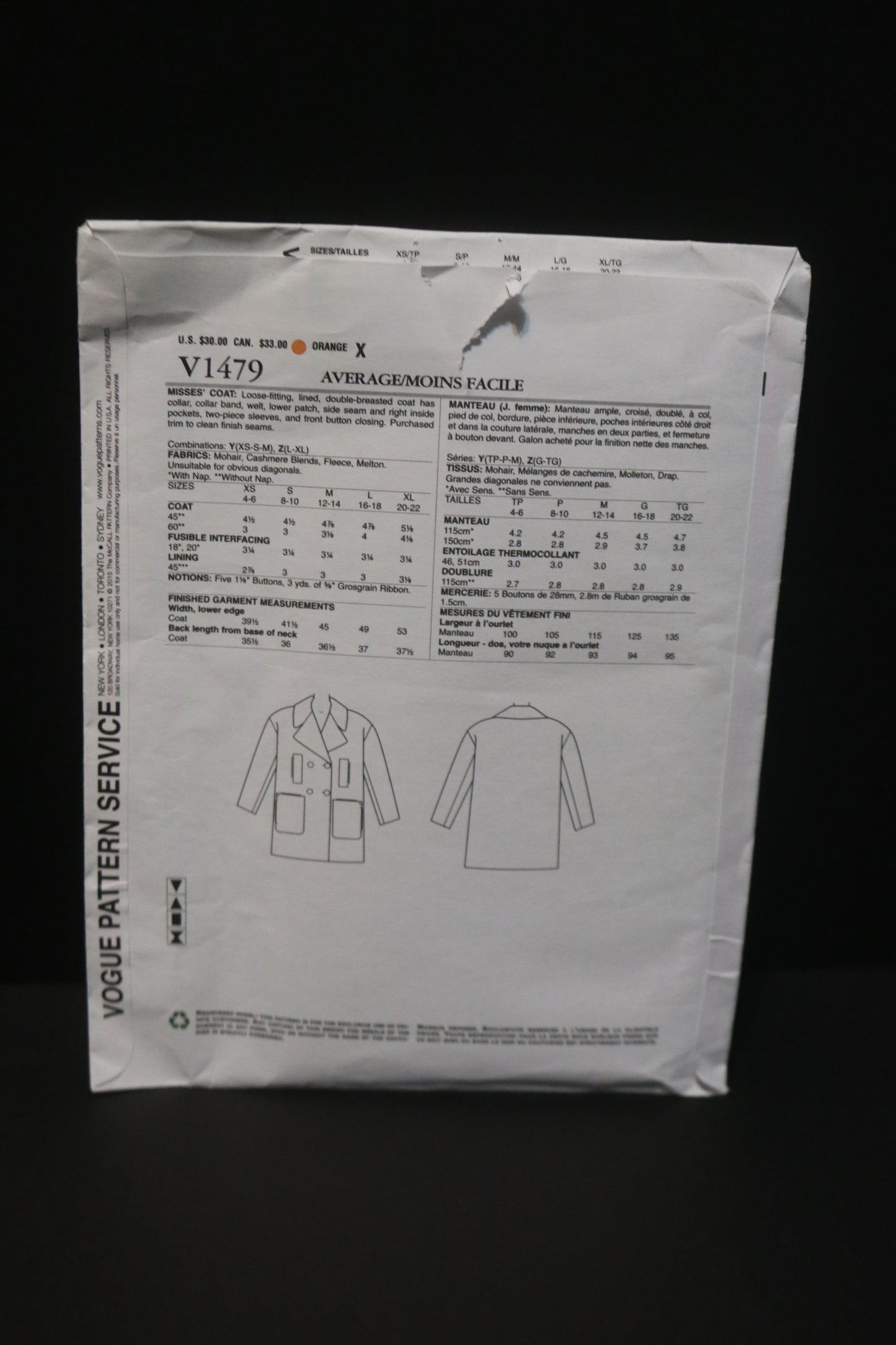 Vogue 1479 Isaac Mizrahi Misses Coat Sewing Pattern - UNCUT - Size Lrg - XxL