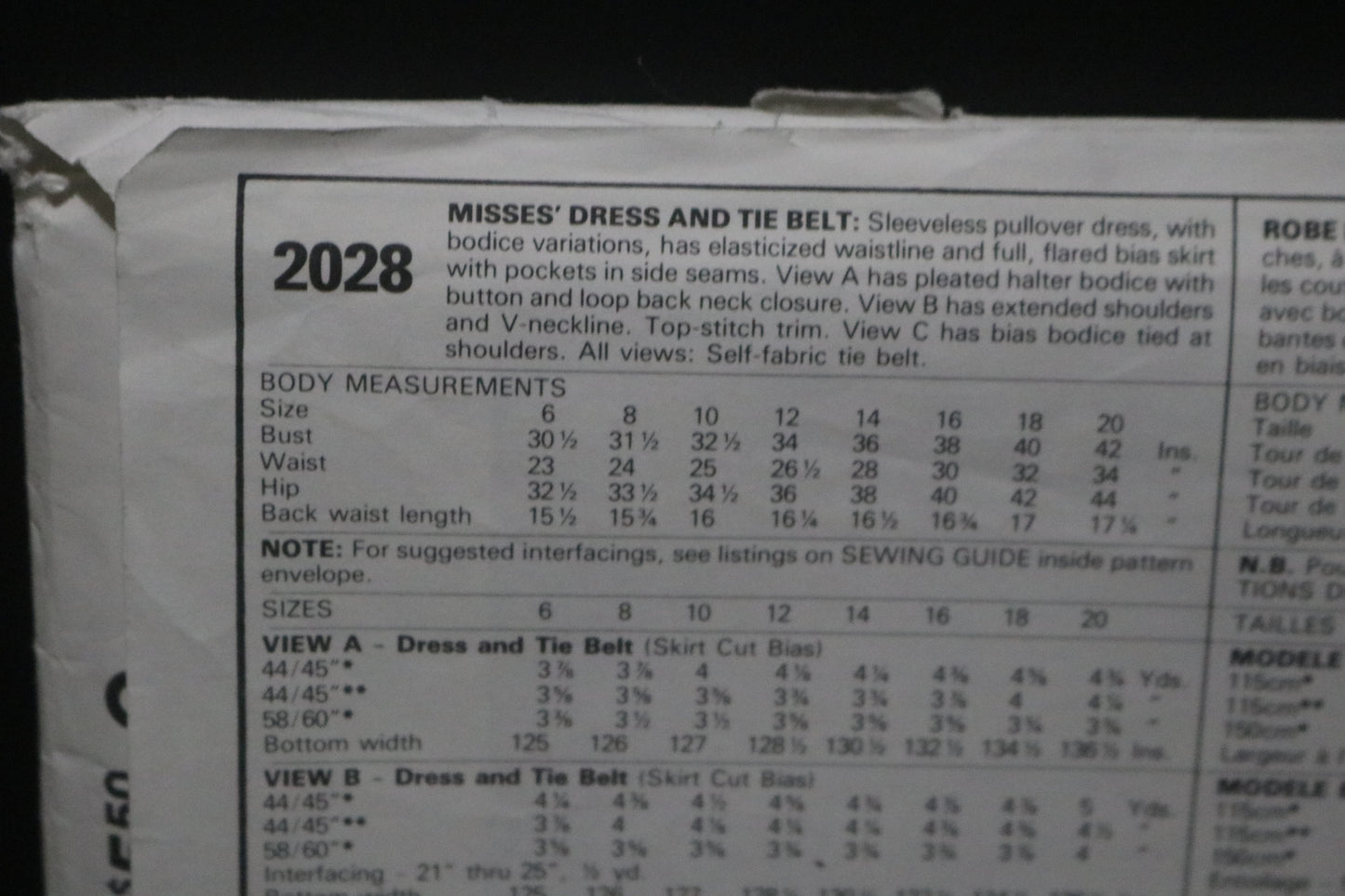 McCalls 2028 Misses Dress and Tie Belt Sewing Pattern - UNCUT - Size 10