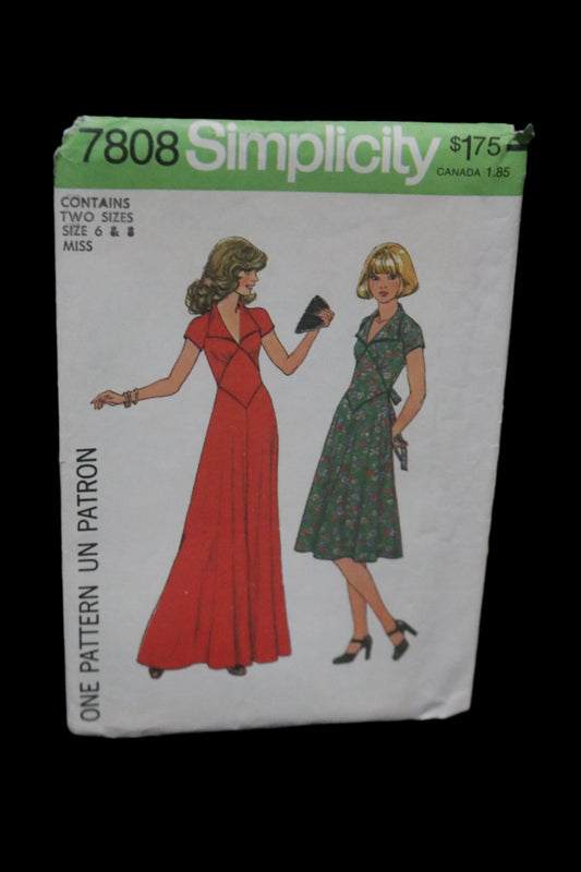 70s Simplicity 7808 Misses Dress in Two Lengths Sewing Pattern UNCUT  Size 6 & 8