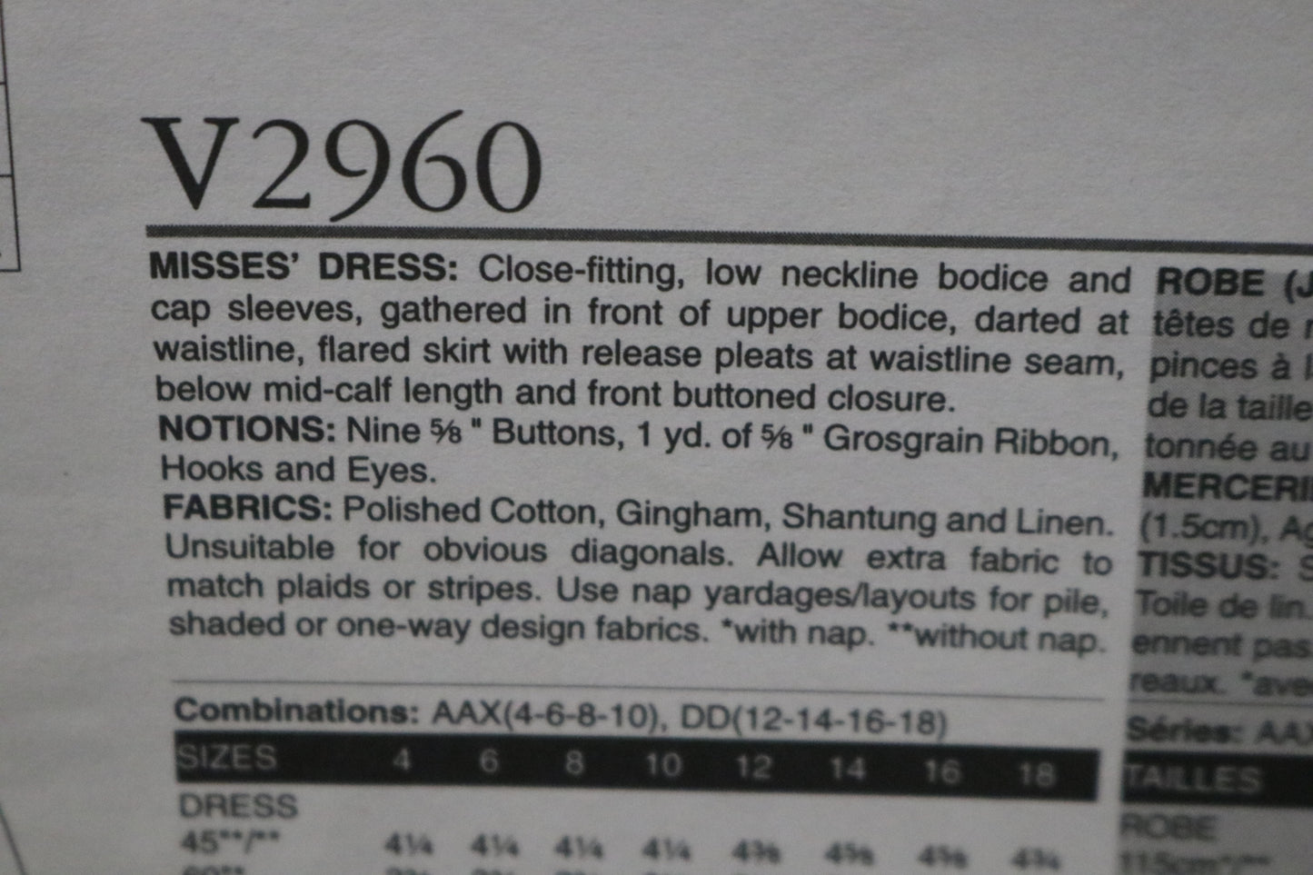 50s Vogue 2960 Misses Dress Reproduction Sewing Pattern  - UNCUT - Size 12 14 16 18