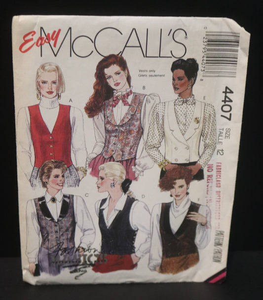 McCalls 4407 Misses Vest Sewing Pattern - UNCUT - Size 12