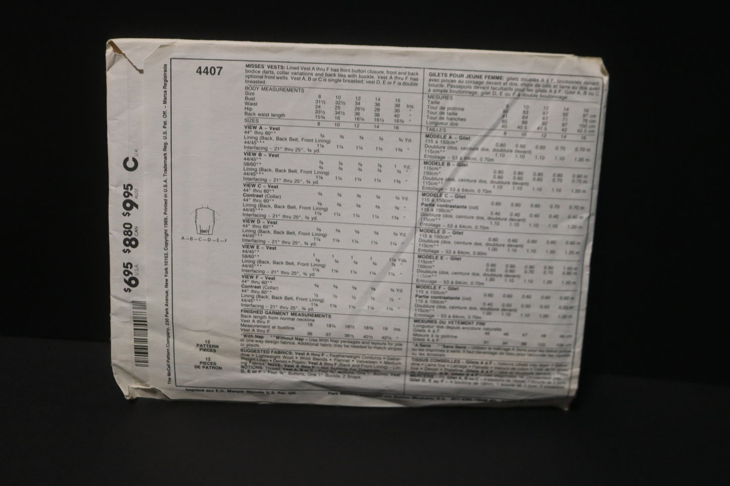 McCalls 4407 Misses Vest Sewing Pattern - UNCUT - Size 12