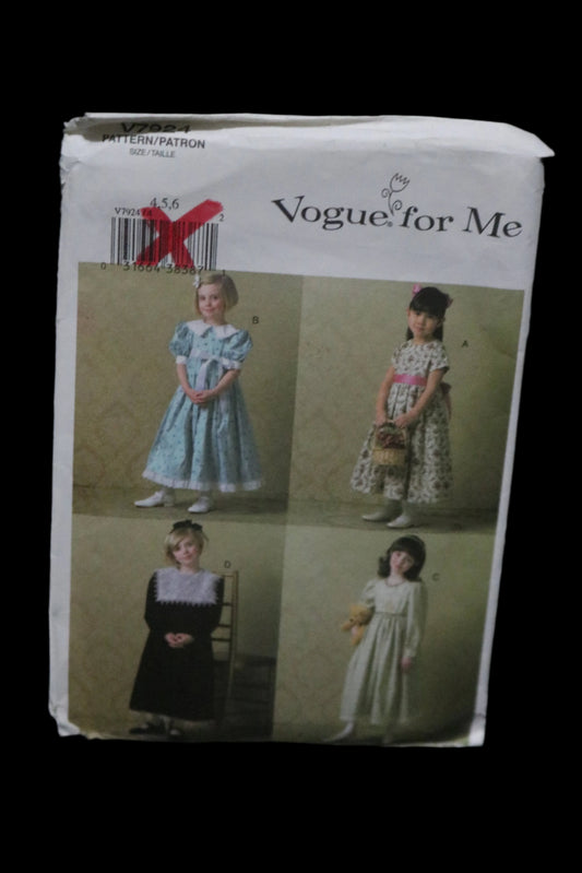 Vogue 7924 Vogue for Me  Childrens Girls Dress Sewing Pattern - UNCUT - Size 4 5 6