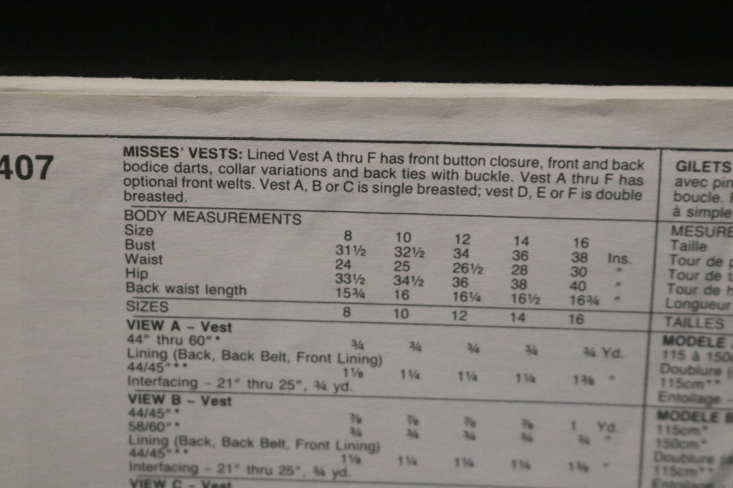 McCalls 4407 Misses Vest Sewing Pattern - UNCUT - Size 12