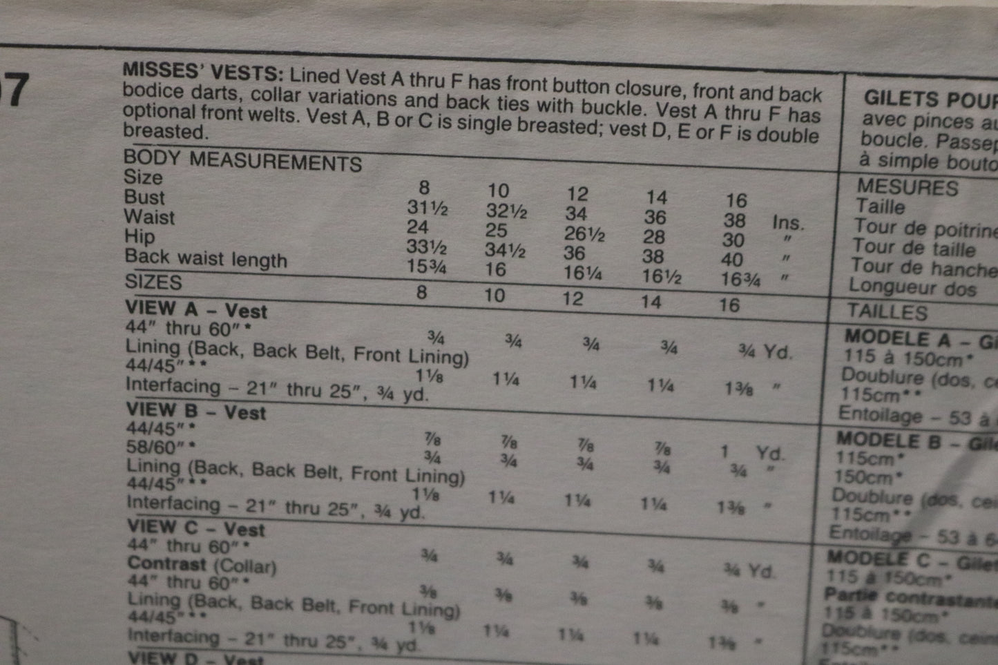 McCalls 4407 Misses Vest Sewing Pattern - UNCUT - Size 12