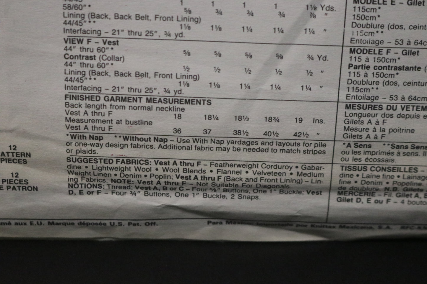 McCalls 4407 Misses Vest Sewing Pattern - UNCUT - Size 12