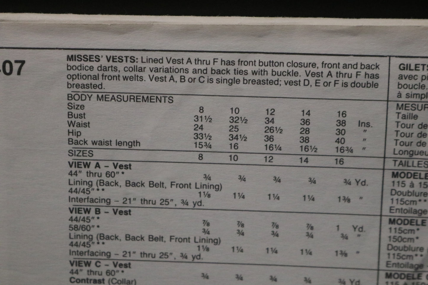 McCalls 4407 Misses Vest Sewing Pattern - UNCUT - Size 12