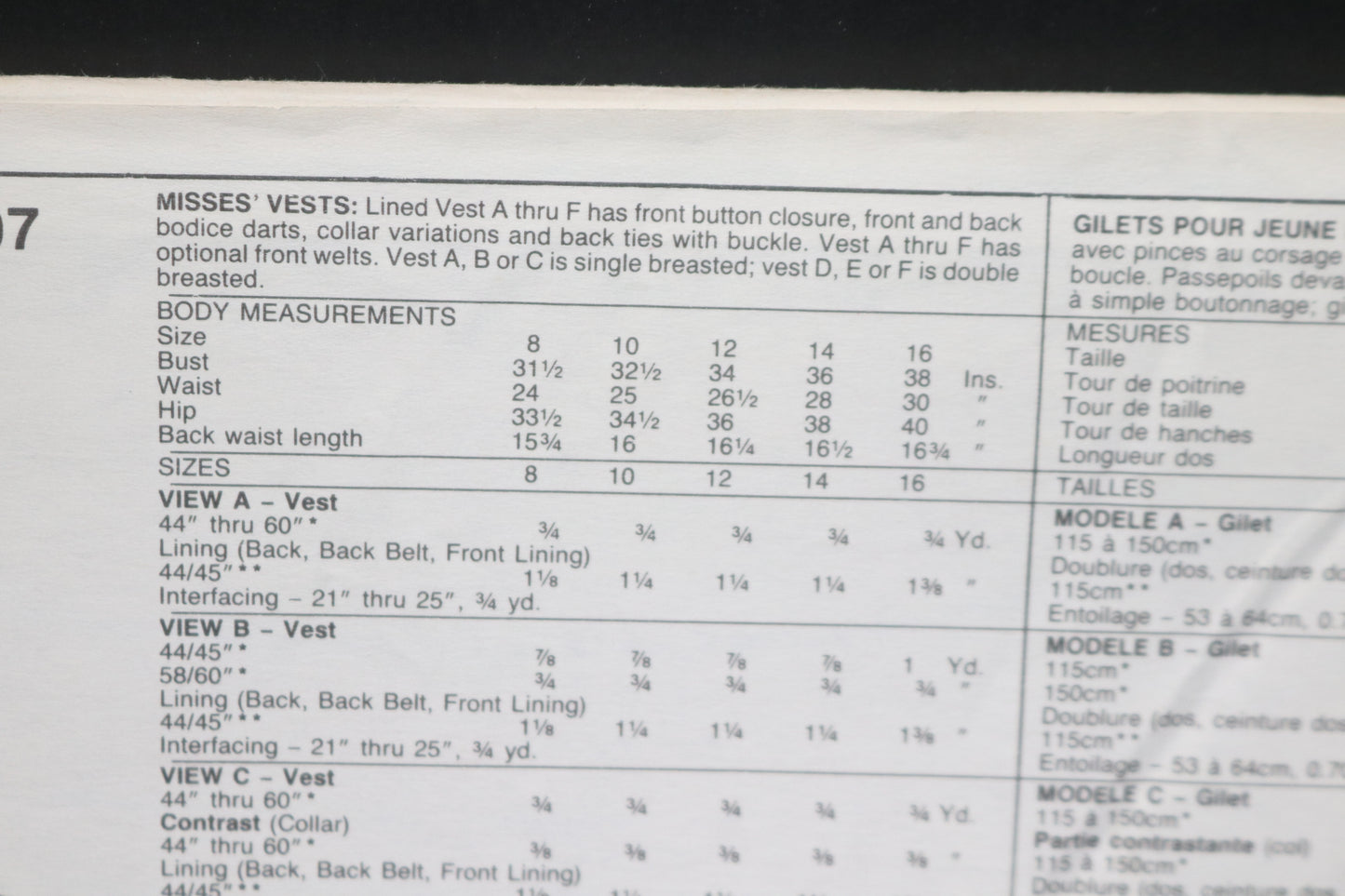 McCalls 4407 Misses Vest Sewing Pattern - UNCUT - Size 12