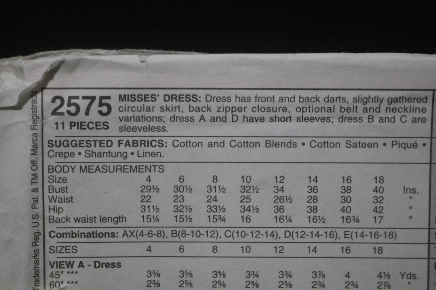 McCalls 2575 Misses Dress Sewing Pattern - UNCUT - Multiple Sizes Available ( 8 - 18)