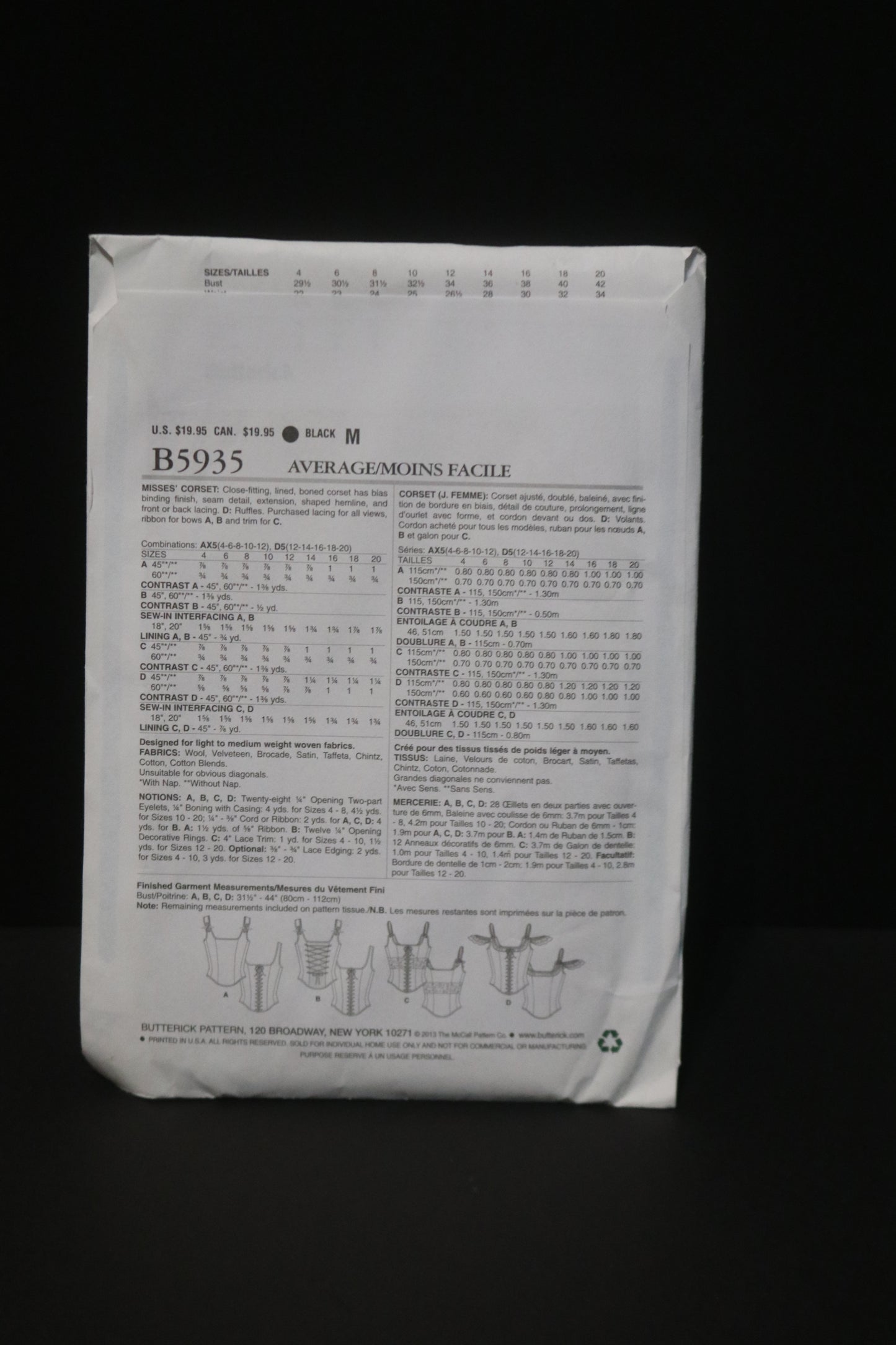 Butterick 5935 Misses Corset Sewing Pattern UNCUT Size 12 14 16 18 20