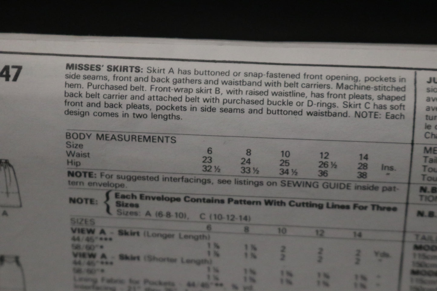 McCalls 2147 Misses Skirts Sewing Pattern UNCUT Size 10 12 14