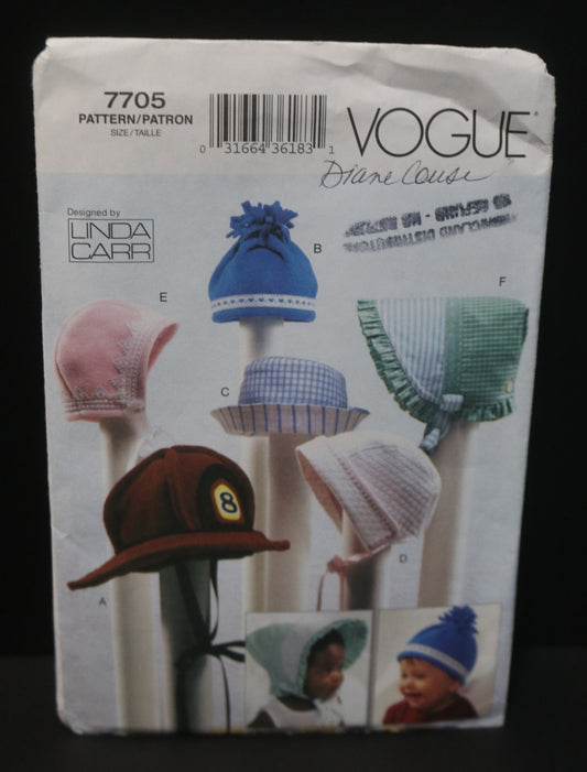 Vogue 7705 Linda Carr Baby Bonnets Sewing Pattern - UNCUT - Size Nb S M