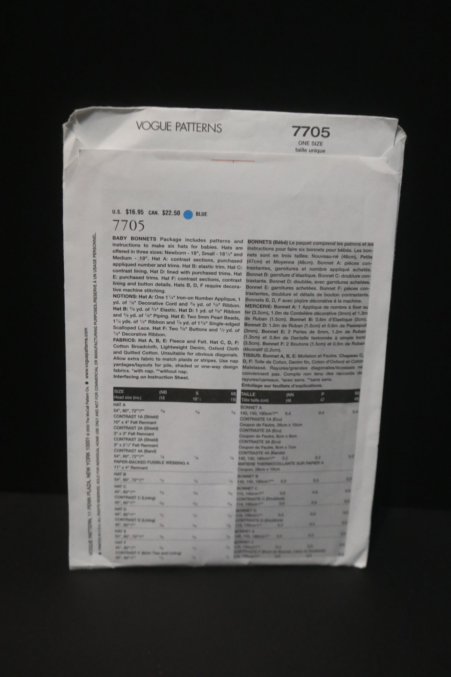 Vogue 7705 Linda Carr Baby Bonnets Sewing Pattern - UNCUT - Size Nb S M