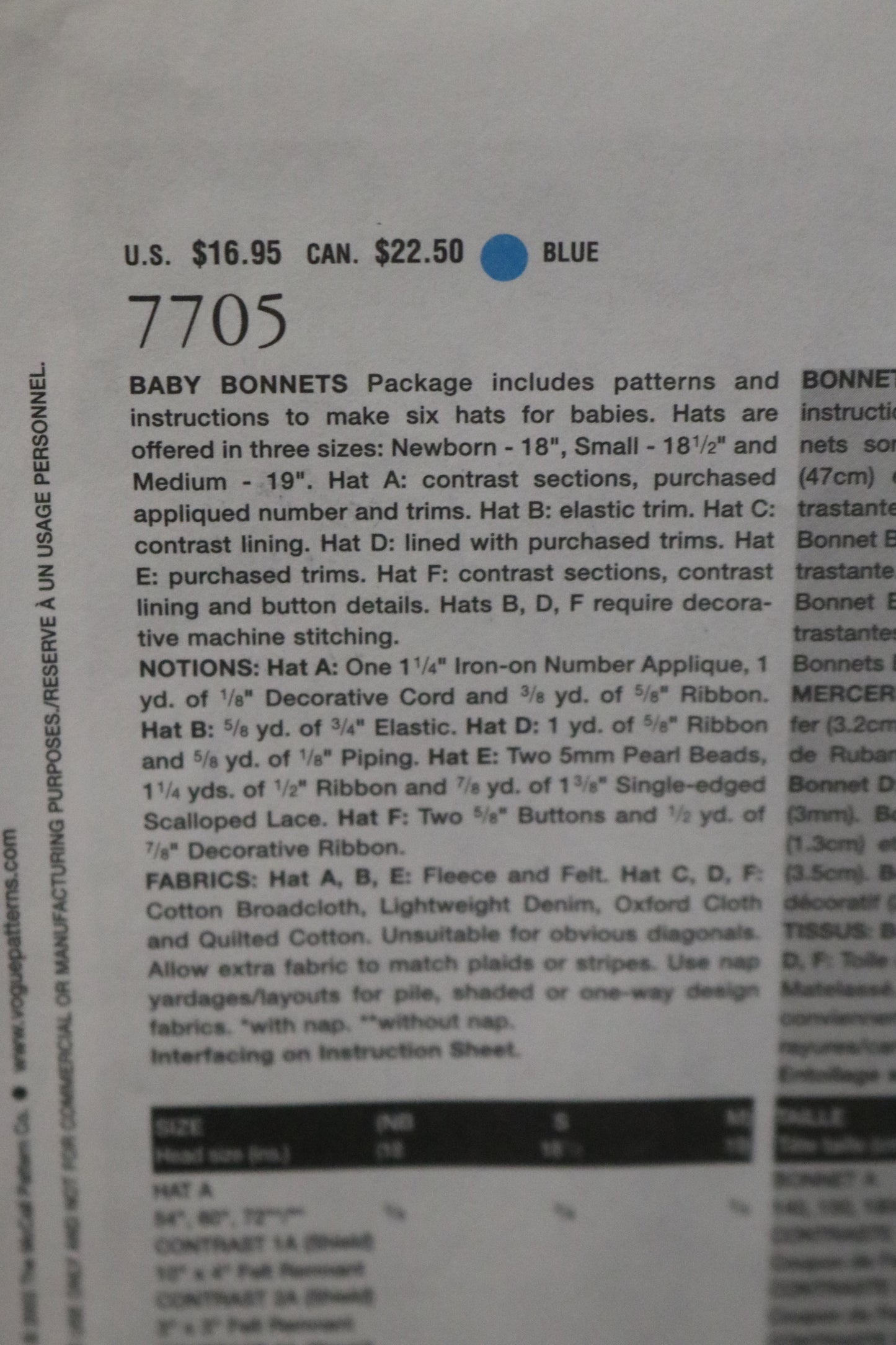 Vogue 7705 Linda Carr Baby Bonnets Sewing Pattern - UNCUT - Size Nb S M