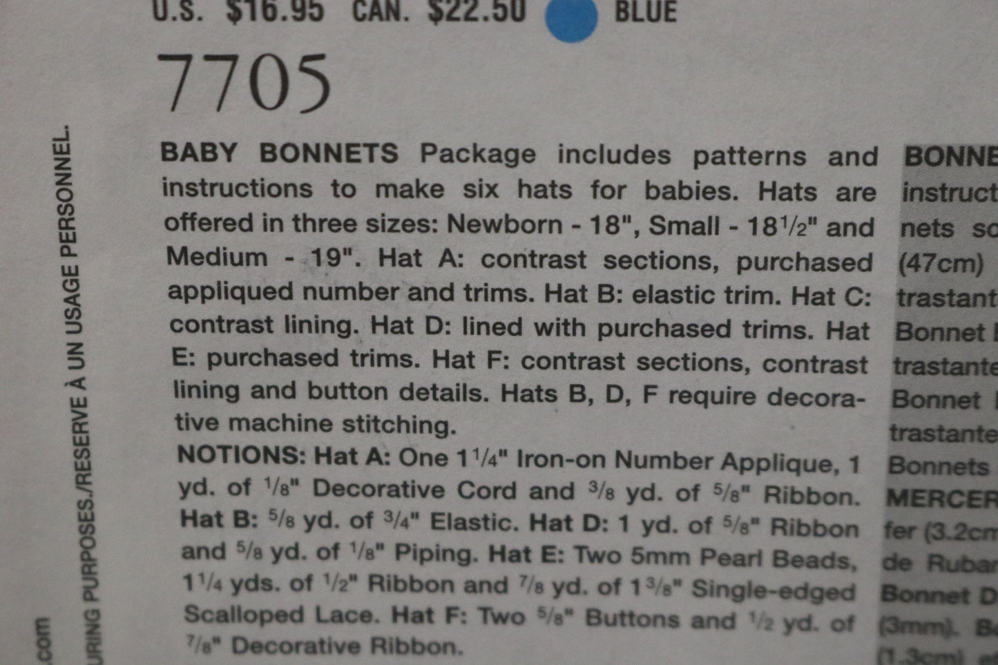 Vogue 7705 Linda Carr Baby Bonnets Sewing Pattern - UNCUT - Size Nb S M