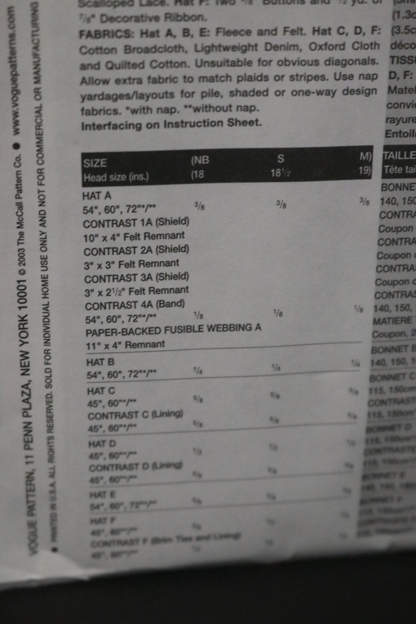 Vogue 7705 Linda Carr Baby Bonnets Sewing Pattern - UNCUT - Size Nb S M