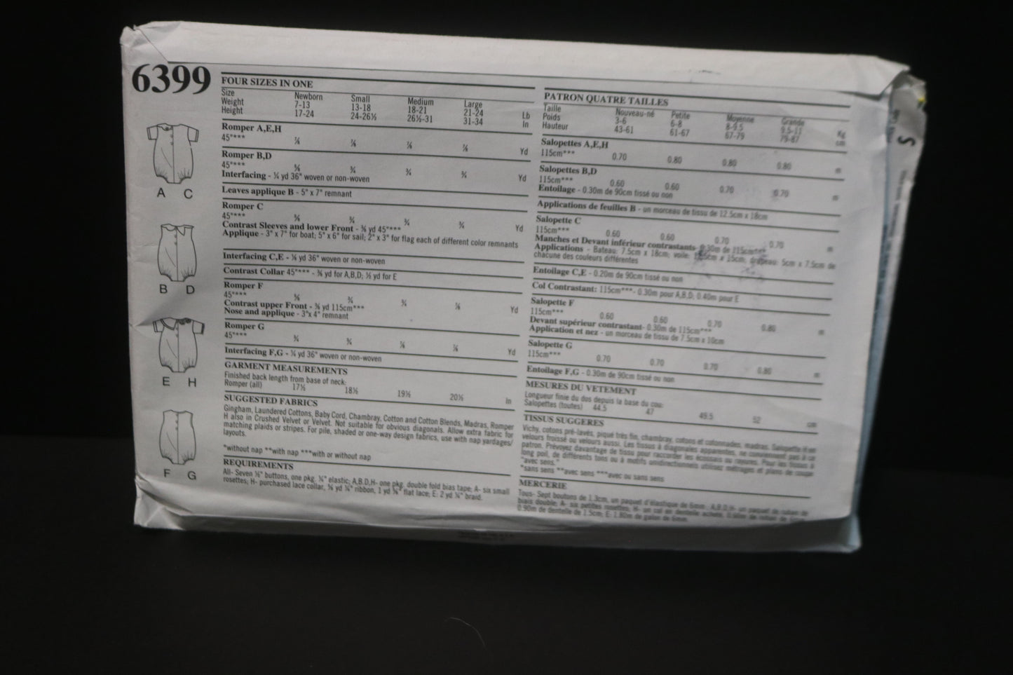 New Look 6399 Infants Romper Sewing Pattern UNCUT  Size NB S M L