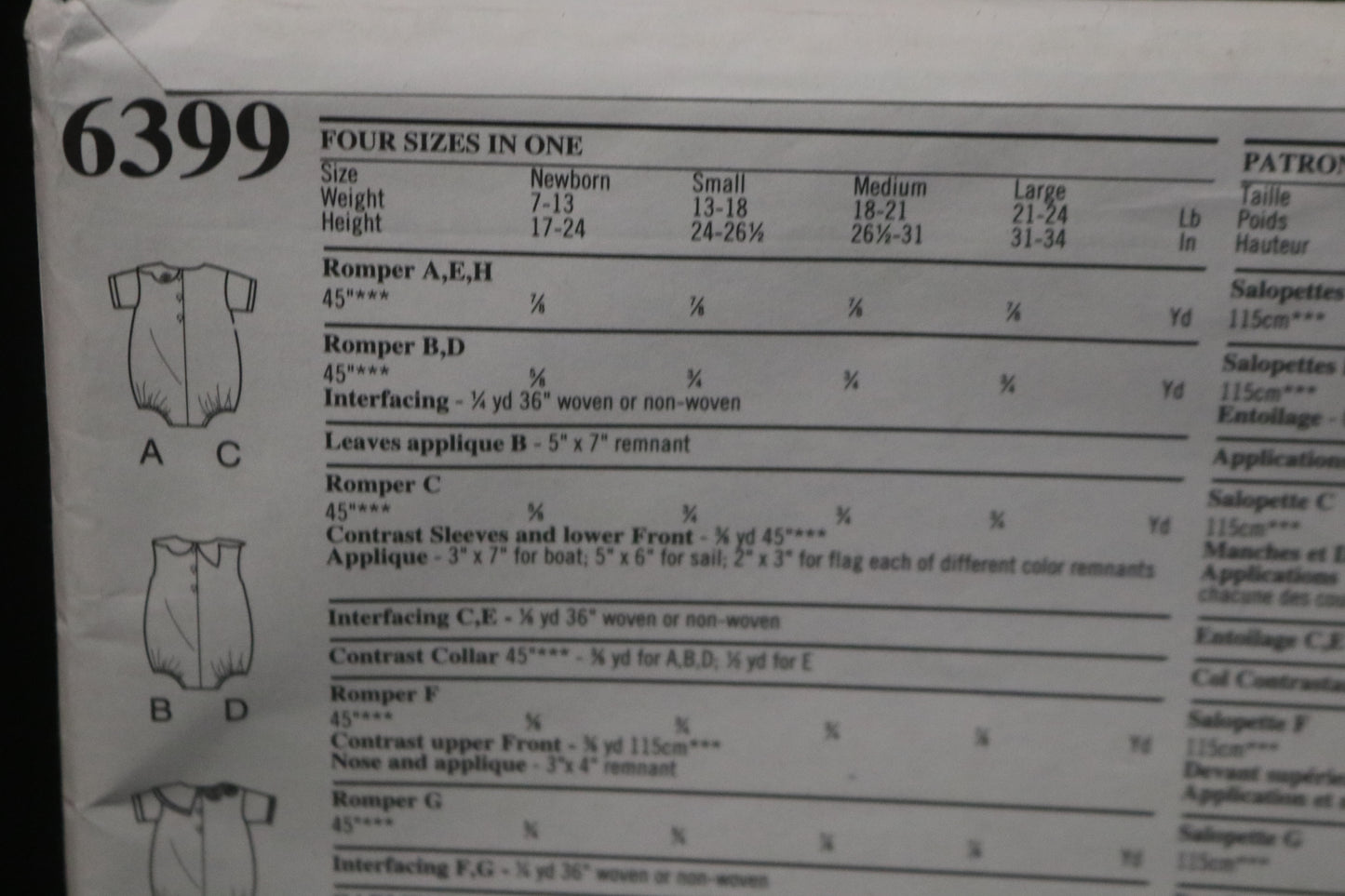 New Look 6399 Infants Romper Sewing Pattern UNCUT  Size NB S M L