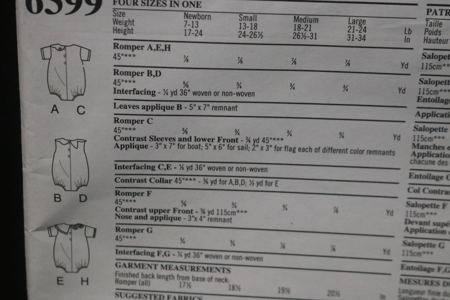 New Look 6399 Infants Romper Sewing Pattern UNCUT  Size NB S M L