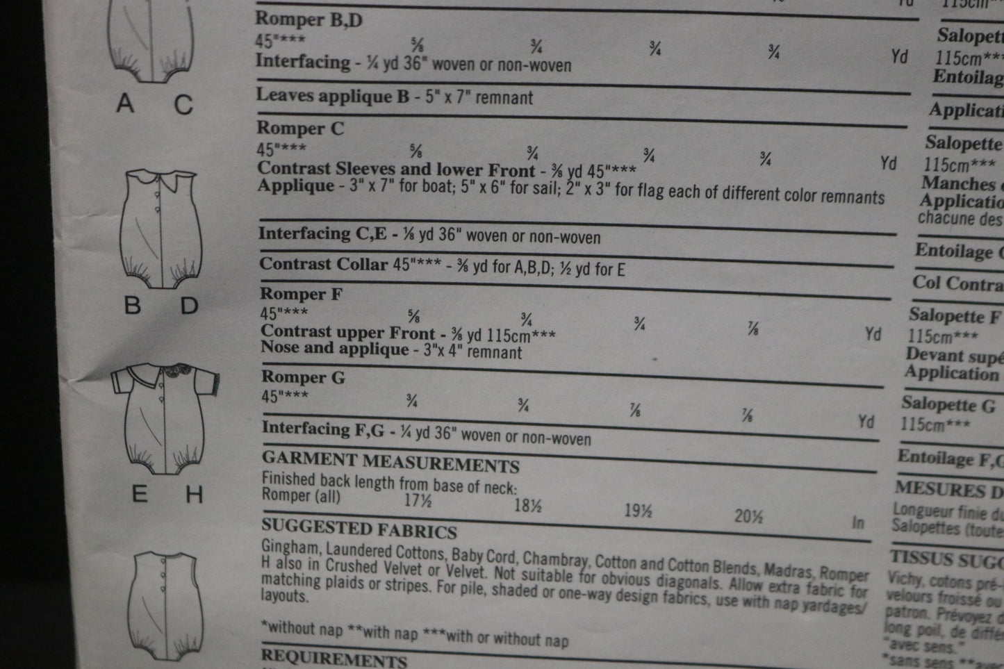 New Look 6399 Infants Romper Sewing Pattern UNCUT  Size NB S M L