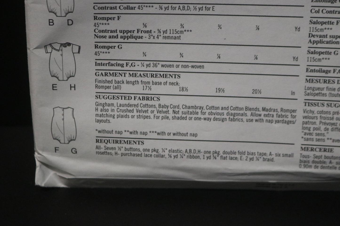 New Look 6399 Infants Romper Sewing Pattern UNCUT  Size NB S M L
