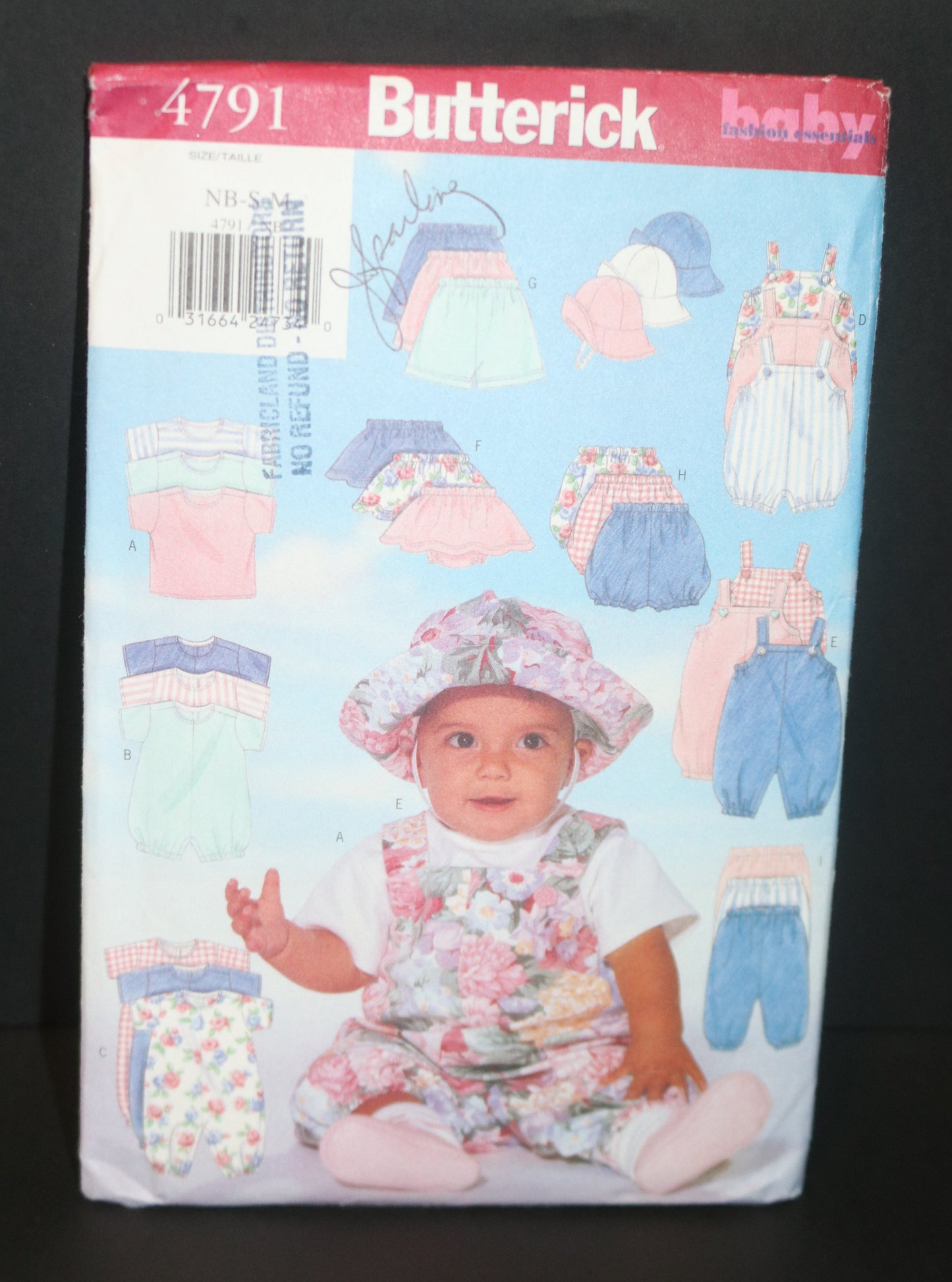 Butterick 4791 Infants T shirt Romper Jumpsuit Skirt Shorts Pants and Hat Sewing Pattern - UNCUT - Size NB S M
