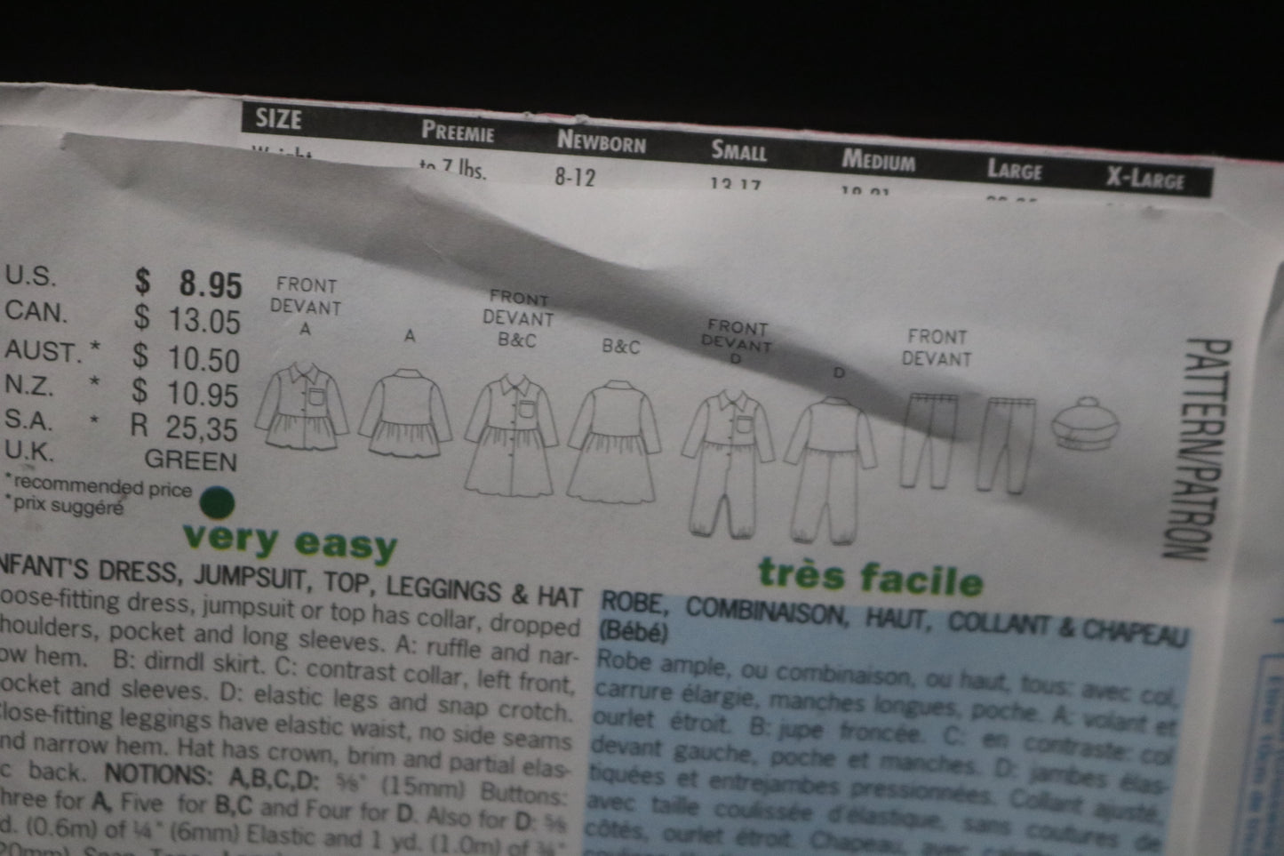 Butterick 5711 Infants Dress Jumpsuit Top Leggings and Hat Sewing Pattern - UNCUT - Size NB S M