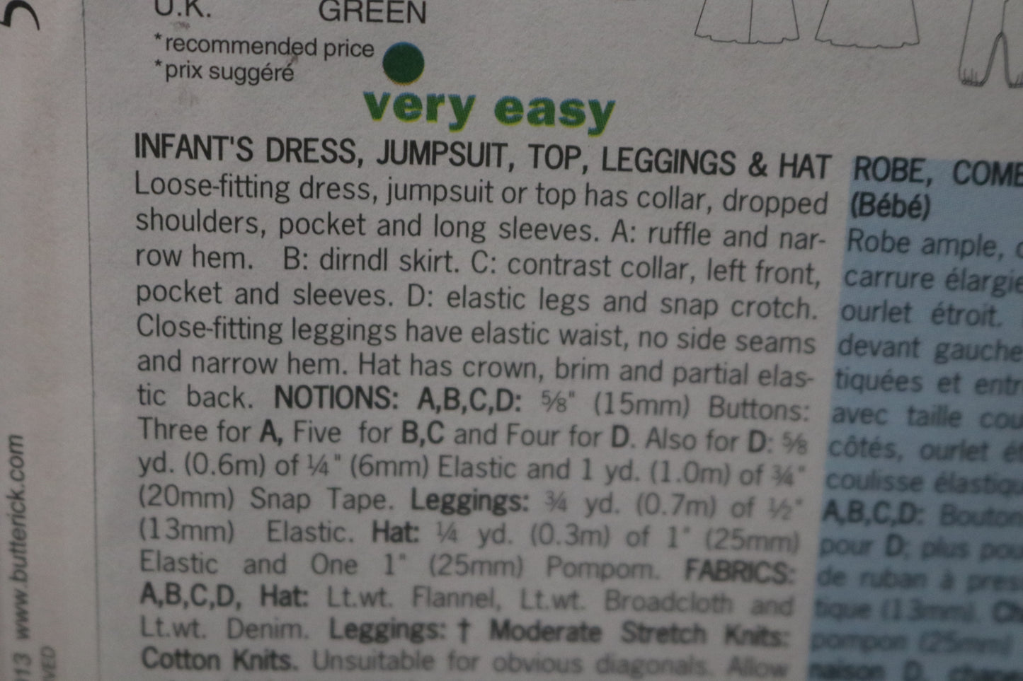 Butterick 5711 Infants Dress Jumpsuit Top Leggings and Hat Sewing Pattern - UNCUT - Size NB S M