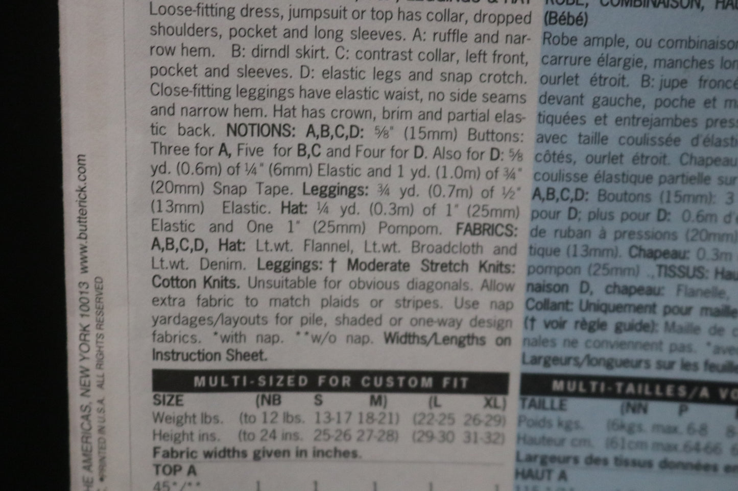 Butterick 5711 Infants Dress Jumpsuit Top Leggings and Hat Sewing Pattern - UNCUT - Size NB S M