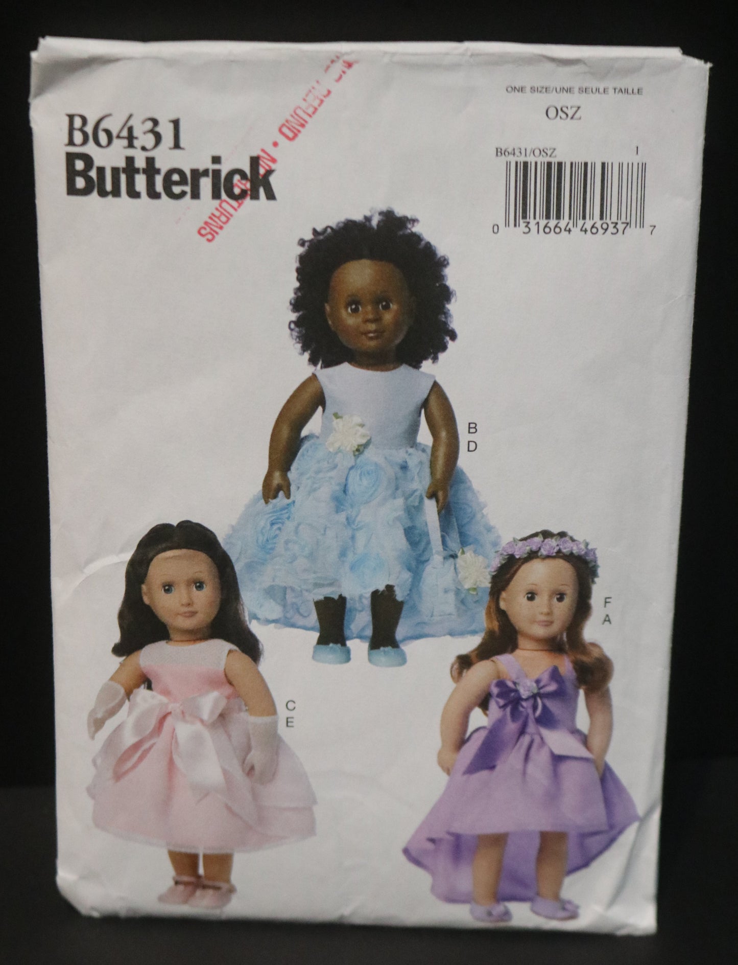 Butterick 6431 18" Doll Dresses Bag Gloves and Headpiece Sewing Pattern - UNCUT