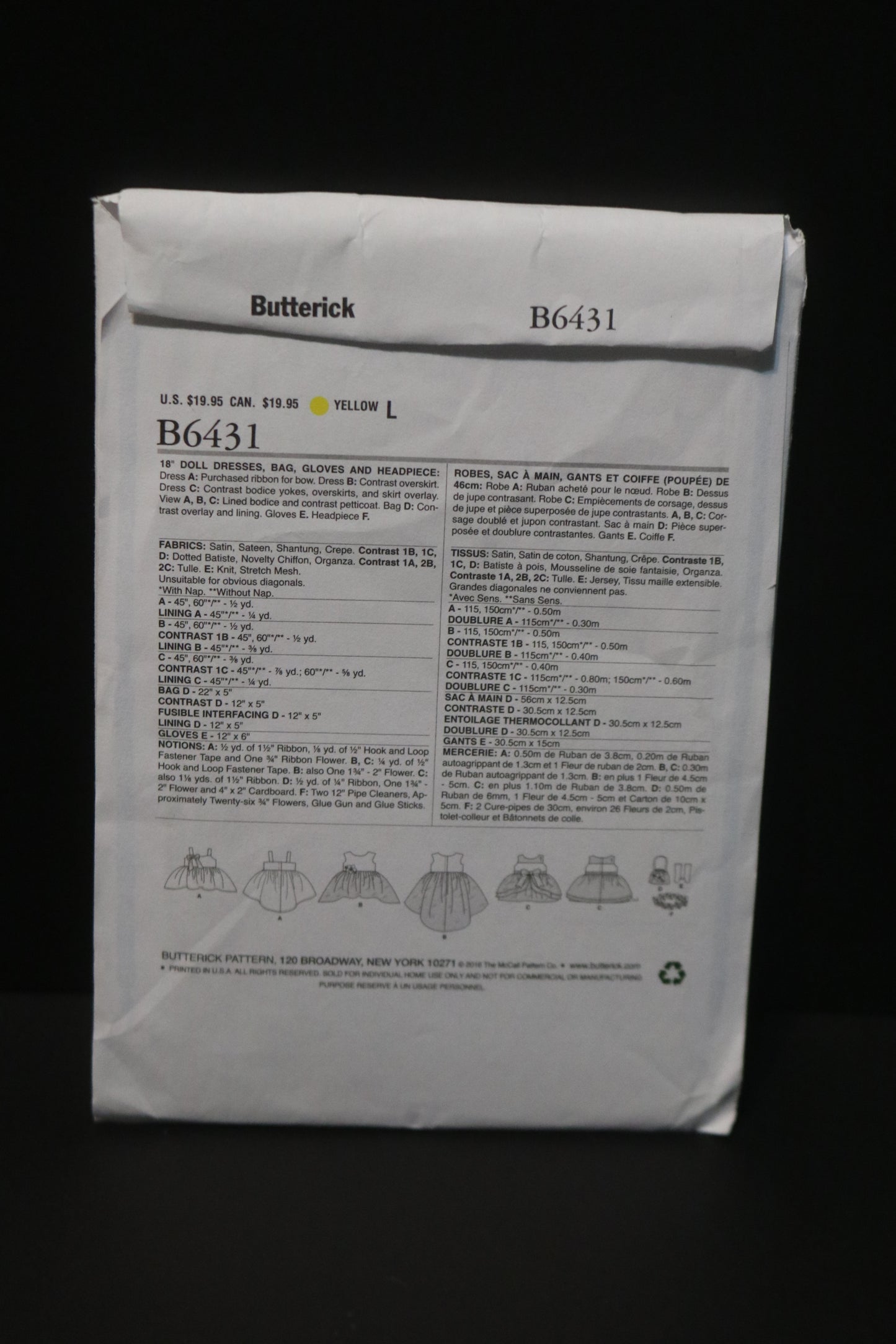 Butterick 6431 18" Doll Dresses Bag Gloves and Headpiece Sewing Pattern - UNCUT