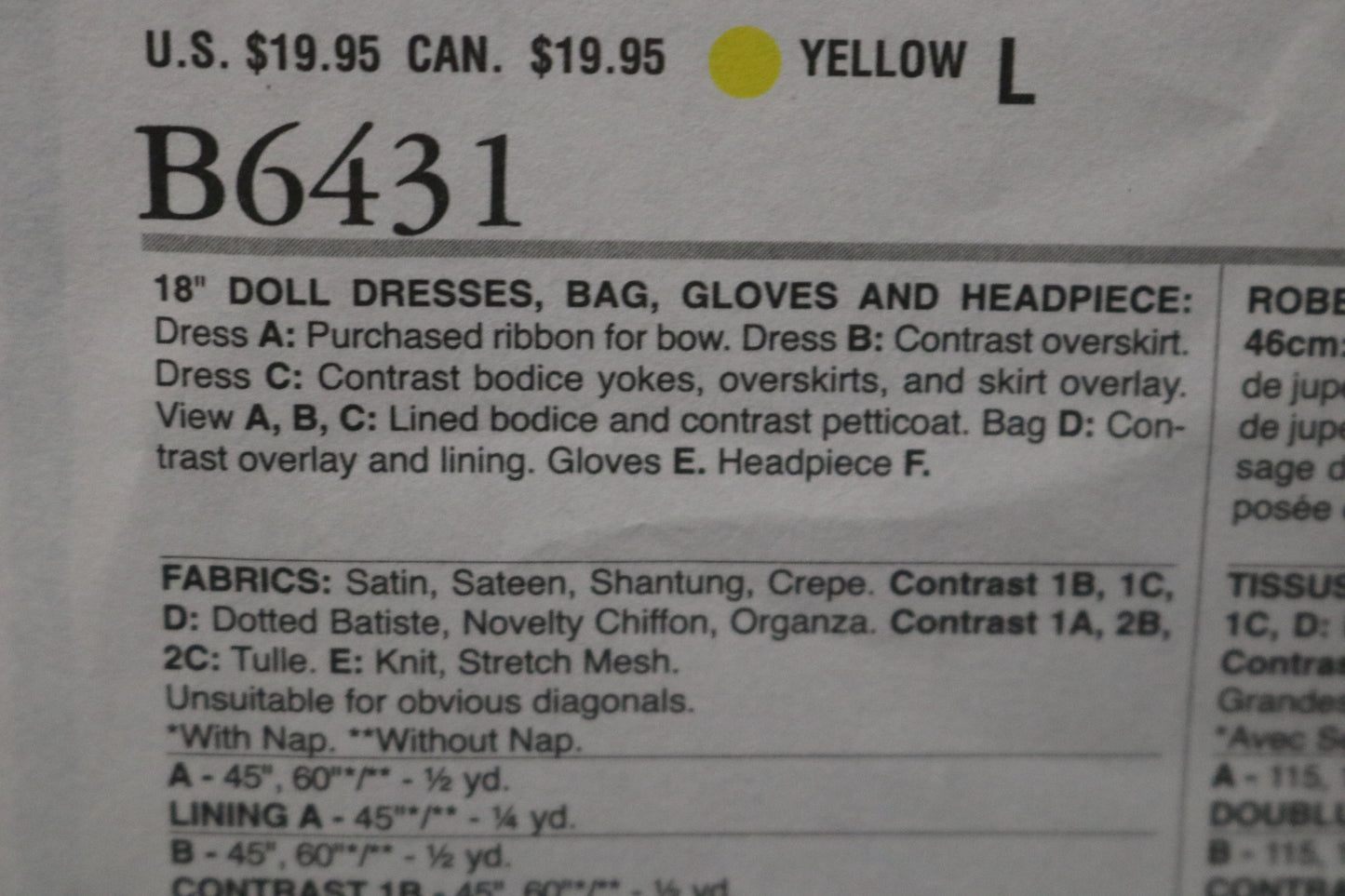 Butterick 6431 18" Doll Dresses Bag Gloves and Headpiece Sewing Pattern - UNCUT