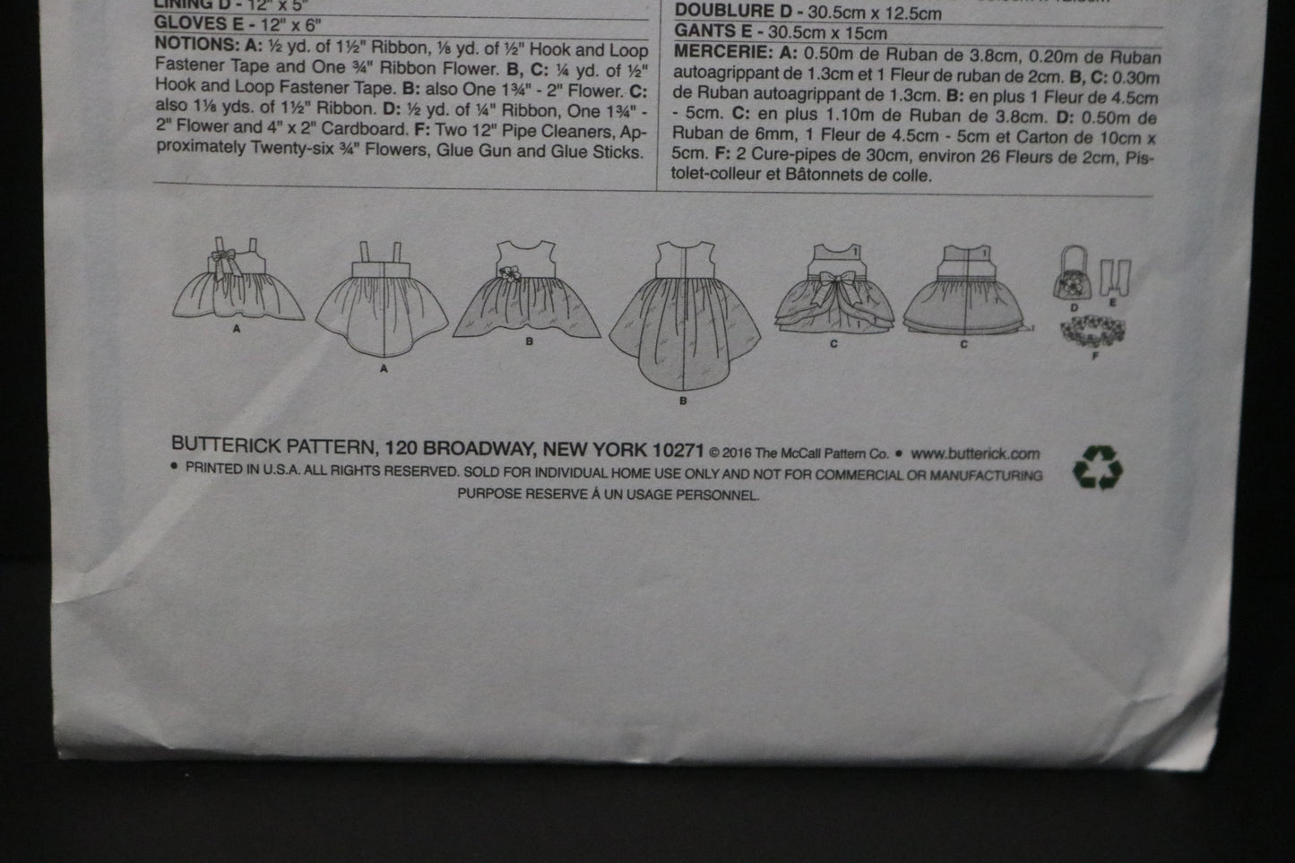 Butterick 6431 18" Doll Dresses Bag Gloves and Headpiece Sewing Pattern - UNCUT