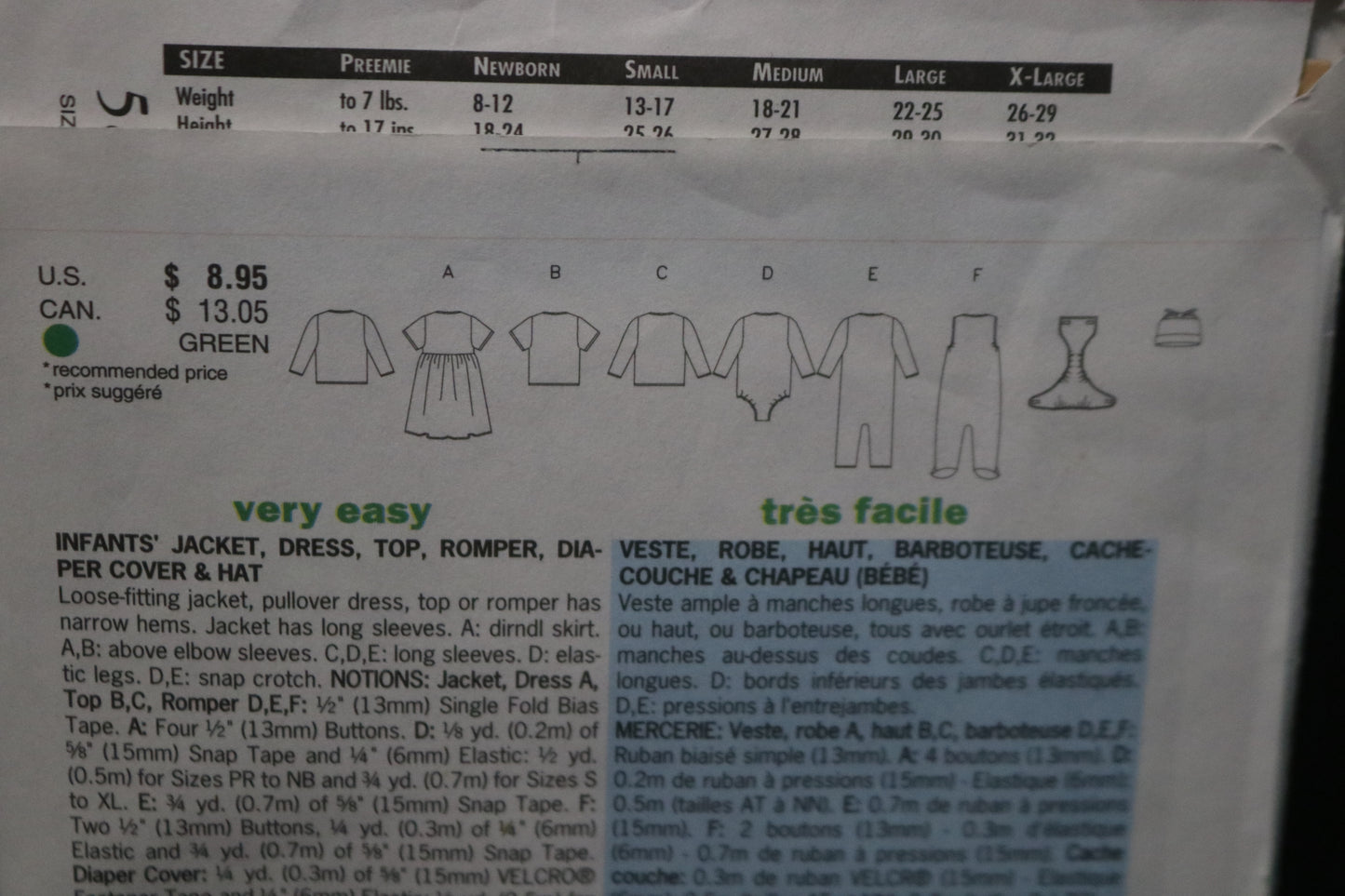 Butterick 5896 Infants Jacket Dress Top Romper Diaper Cover and Hat Sewing Pattern - UNCUT - Size PR NB S