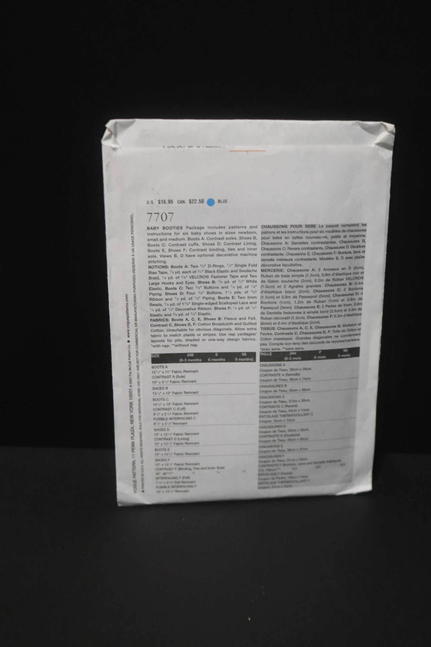 Vogue 7707 Linda Carr Baby Booties Sewing Pattern - UNCUT - Size Nb S M
