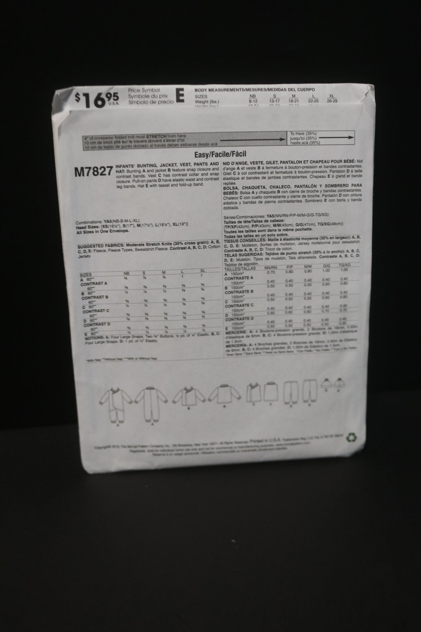 McCalls 7827 Infants Bunting, Jacket, Vest, Pants and Hat Sewing Pattern - UNCUT - Size NB Sml Med Lrg Xlg
